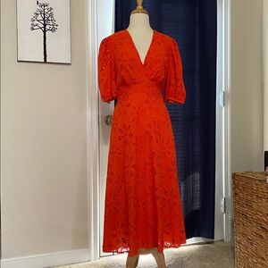 Maggy London Red Puff Sleeve Midi Dress